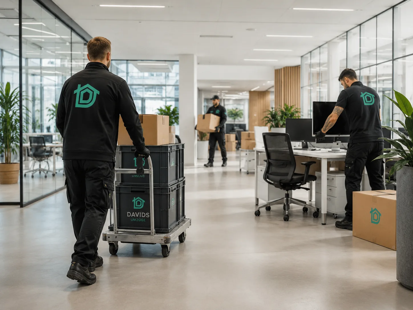 Davids-Umzüge-Team rollt Transportkisten in einem modernen Großraumbüro – Büro- und Firmenumzug