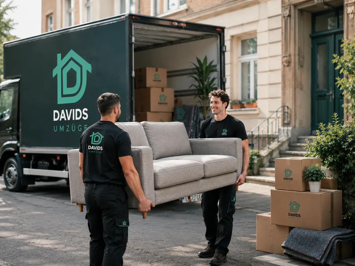 Zwei Davids-Umzüge-Mitarbeiter tragen eine Couch zum Umzugs-LKW – Privatumzug
