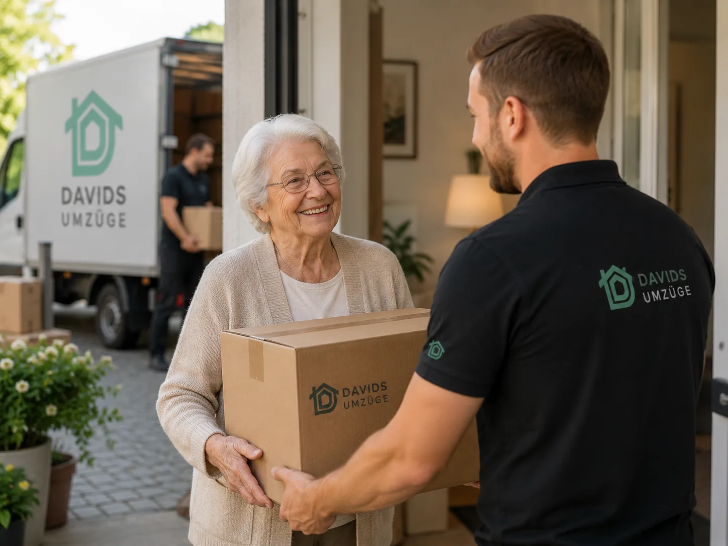Davids-Umzüge-Mitarbeiter übergibt einer freundlich lächelnden Seniorin einen Karton – Seniorenumzug