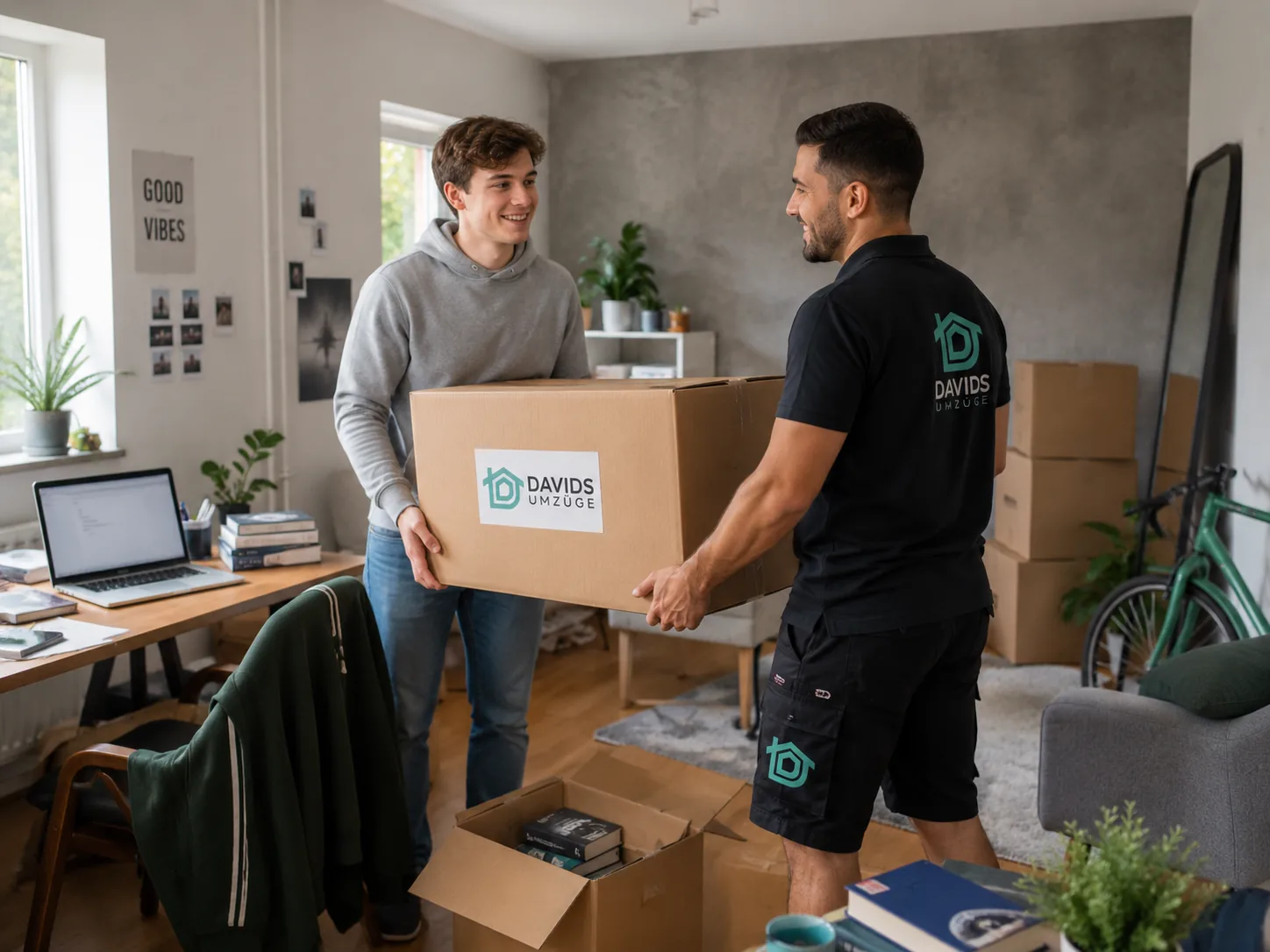Junger Student und Davids-Umzüge-Helfer tragen gemeinsam einen Karton im Wohnheimzimmer – Studentenumzug