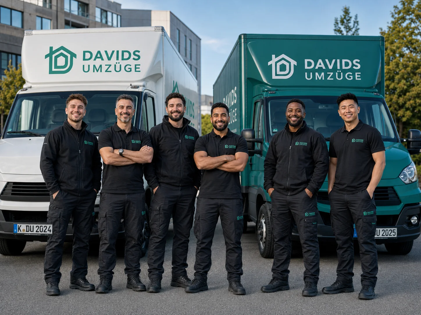 Das sechsköpfige Davids-Umzüge-Team in schwarzer Arbeitskleidung steht vor den beiden Firmen-LKW – ein weißer und ein grüner mit dem DAVIDS UMZÜGE Logo